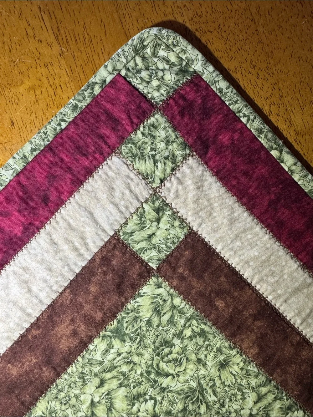 Handmade Quilted Table Runner - Green Floral with Burgundy Accents 12 in x 24 in